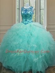 Wonderful Scoop Beading and Ruffles Quinceanera Dress Turquoise Lace Up Sleeveless Floor Length
