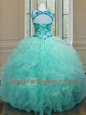 Wonderful Scoop Beading and Ruffles Quinceanera Dress Turquoise Lace Up Sleeveless Floor Length