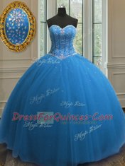 High Class Blue Tulle Lace Up 15 Quinceanera Dress Sleeveless Floor Length Beading and Sequins