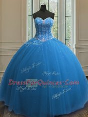 High Class Blue Tulle Lace Up 15 Quinceanera Dress Sleeveless Floor Length Beading and Sequins