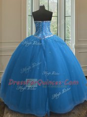 High Class Blue Tulle Lace Up 15 Quinceanera Dress Sleeveless Floor Length Beading and Sequins
