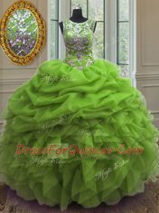 Popular Scoop Sleeveless Organza Floor Length Lace Up Quinceanera Dress in with Beading and Ruffles and Pick Ups