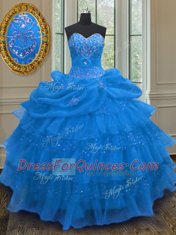 Popular Pick Ups Ruffled Sweetheart Sleeveless Lace Up Sweet 16 Dress Blue Organza