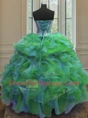 Eye-catching Multi-color Ball Gowns Sweetheart Sleeveless Organza Floor Length Lace Up Beading and Ruffles 15th Birthday Dress