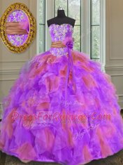Sophisticated Organza Sleeveless Floor Length 15th Birthday Dress and Beading and Ruffles and Sashes ribbons and Hand Made Flower