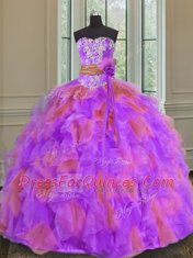 Sophisticated Organza Sleeveless Floor Length 15th Birthday Dress and Beading and Ruffles and Sashes ribbons and Hand Made Flower