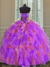 Sophisticated Organza Sleeveless Floor Length 15th Birthday Dress and Beading and Ruffles and Sashes ribbons and Hand Made Flower