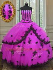 Strapless Sleeveless Vestidos de Quinceanera Floor Length Appliques Fuchsia Tulle