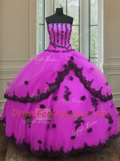 Strapless Sleeveless Vestidos de Quinceanera Floor Length Appliques Fuchsia Tulle