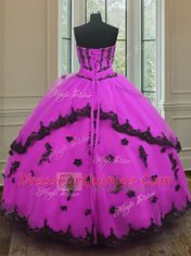 Strapless Sleeveless Vestidos de Quinceanera Floor Length Appliques Fuchsia Tulle