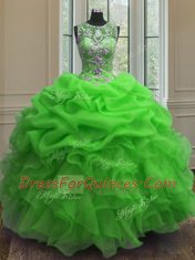 Romantic Scoop Green Sleeveless Beading and Ruffles and Pick Ups Floor Length Quinceanera Gowns