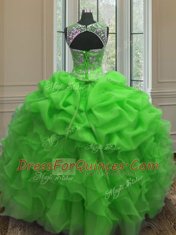 Romantic Scoop Green Sleeveless Beading and Ruffles and Pick Ups Floor Length Quinceanera Gowns