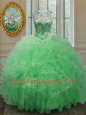 New Style Scoop Sleeveless Floor Length Beading and Ruffles Lace Up 15 Quinceanera Dress with Green