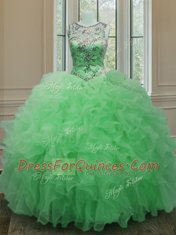 New Style Scoop Sleeveless Floor Length Beading and Ruffles Lace Up 15 Quinceanera Dress with Green