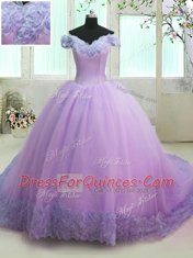 Off the Shoulder Organza Short Sleeves With Train Quinceanera Gowns Court Train and Hand Made Flower