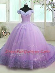 Off the Shoulder Organza Short Sleeves With Train Quinceanera Gowns Court Train and Hand Made Flower