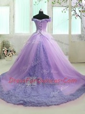 Off the Shoulder Organza Short Sleeves With Train Quinceanera Gowns Court Train and Hand Made Flower