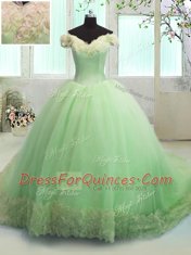 Off the Shoulder Short Sleeves Court Train Lace Up With Train Hand Made Flower Quinceanera Gowns