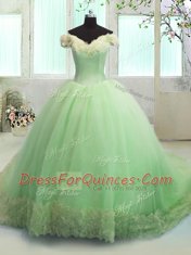 Off the Shoulder Short Sleeves Court Train Lace Up With Train Hand Made Flower Quinceanera Gowns