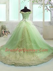 Off the Shoulder Short Sleeves Court Train Lace Up With Train Hand Made Flower Quinceanera Gowns
