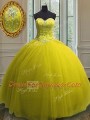 Sweetheart Sleeveless Tulle Quince Ball Gowns Beading and Sequins Lace Up