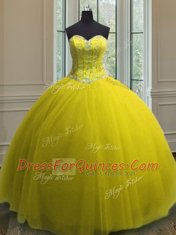 Sweetheart Sleeveless Tulle Quince Ball Gowns Beading and Sequins Lace Up