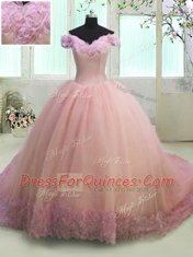 Pink Ball Gowns Off The Shoulder Short Sleeves Organza With Train Court Train Lace Up Hand Made Flower Quince Ball Gowns