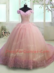 Pink Ball Gowns Off The Shoulder Short Sleeves Organza With Train Court Train Lace Up Hand Made Flower Quince Ball Gowns