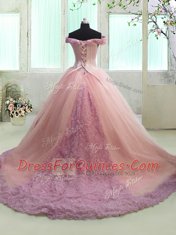 Pink Ball Gowns Off The Shoulder Short Sleeves Organza With Train Court Train Lace Up Hand Made Flower Quince Ball Gowns