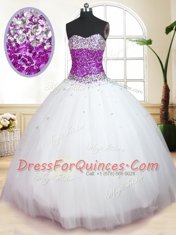 Tulle Sweetheart Sleeveless Lace Up Beading Ball Gown Prom Dress in White