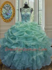 Top Selling Scoop Sleeveless Beading and Ruffles and Pick Ups Lace Up Quince Ball Gowns