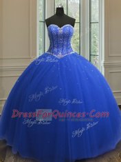 Sequins Royal Blue Sleeveless Tulle Lace Up Quinceanera Dresses for Military Ball and Sweet 16