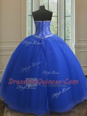 Sequins Royal Blue Sleeveless Tulle Lace Up Quinceanera Dresses for Military Ball and Sweet 16