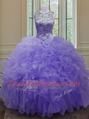 Ball Gowns Quinceanera Dress Lavender Scoop Organza Sleeveless Floor Length Lace Up