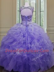 Ball Gowns Quinceanera Dress Lavender Scoop Organza Sleeveless Floor Length Lace Up
