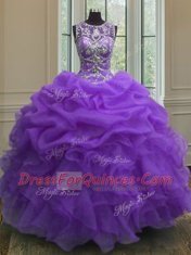 Smart Scoop Purple Organza Lace Up Quinceanera Dresses Sleeveless Floor Length Beading and Ruffles and Pick Ups