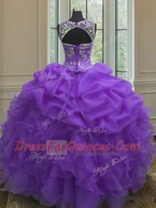 Smart Scoop Purple Organza Lace Up Quinceanera Dresses Sleeveless Floor Length Beading and Ruffles and Pick Ups