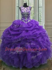 Dramatic Organza Scoop Sleeveless Lace Up Beading and Ruffles and Pick Ups Quinceanera Dress in Purple