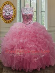 Rose Pink Ball Gowns Organza Scoop Sleeveless Beading and Ruffles Floor Length Lace Up Quinceanera Gowns