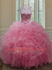 Rose Pink Ball Gowns Organza Scoop Sleeveless Beading and Ruffles Floor Length Lace Up Quinceanera Gowns