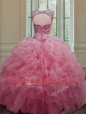 Rose Pink Ball Gowns Organza Scoop Sleeveless Beading and Ruffles Floor Length Lace Up Quinceanera Gowns