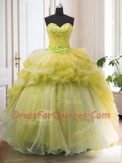 Stylish With Train Light Yellow 15th Birthday Dress Organza Court Train Sleeveless Beading and Ruffled Layers