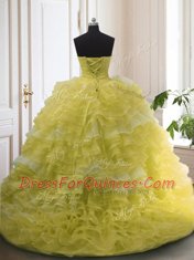 Stylish With Train Light Yellow 15th Birthday Dress Organza Court Train Sleeveless Beading and Ruffled Layers