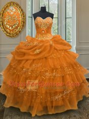 Fashionable Sweetheart Sleeveless Sweet 16 Quinceanera Dress Floor Length Beading and Ruffled Layers and Pick Ups Orange Organza