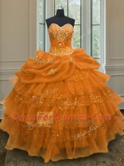 Fashionable Sweetheart Sleeveless Sweet 16 Quinceanera Dress Floor Length Beading and Ruffled Layers and Pick Ups Orange Organza