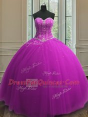 Designer Sleeveless Floor Length Beading and Sequins Lace Up Quinceanera Dress with Purple