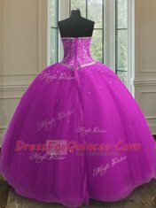 Designer Sleeveless Floor Length Beading and Sequins Lace Up Quinceanera Dress with Purple
