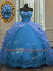 Exquisite Blue Sleeveless Court Train Beading and Embroidery and Pick Ups With Train Quinceanera Gown