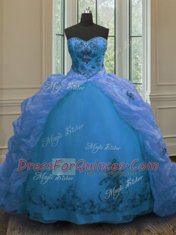 Exquisite Blue Sleeveless Court Train Beading and Embroidery and Pick Ups With Train Quinceanera Gown