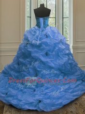 Exquisite Blue Sleeveless Court Train Beading and Embroidery and Pick Ups With Train Quinceanera Gown